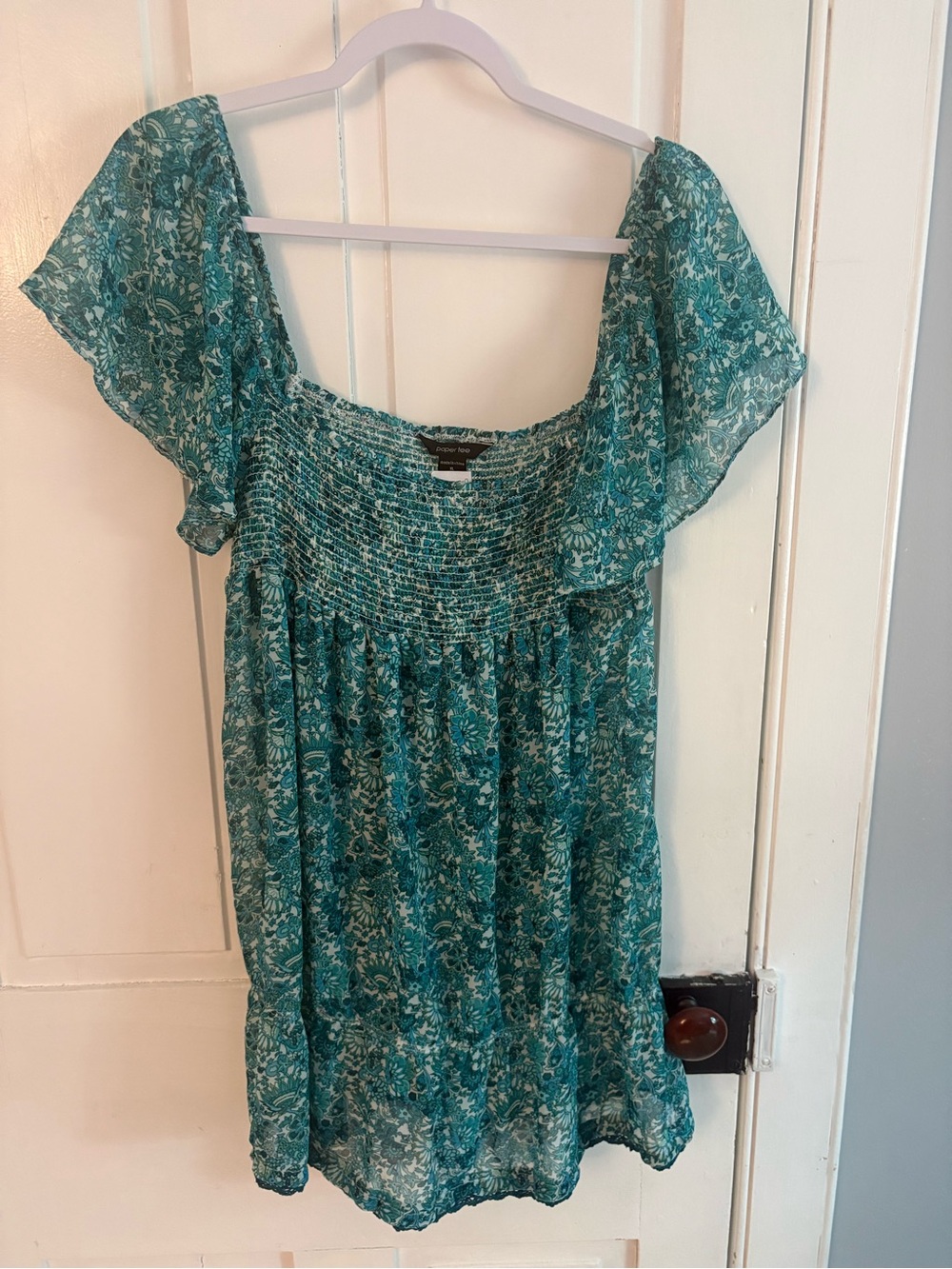 3/$20 paper tee Teal Floral Smocked Flutter-Sleeve Tunic